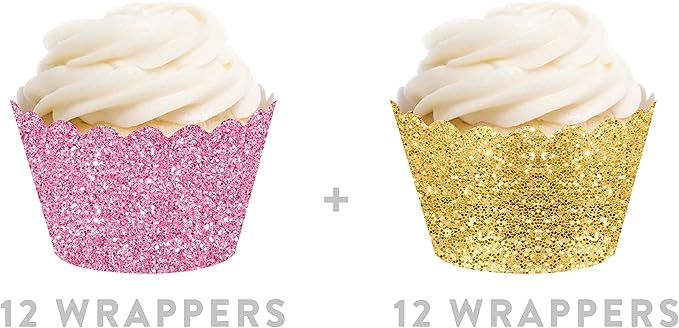 Andaz Press Party Cupcake Wrapper Decorations, Faux Pink And Gold Glitter, Not Real Glitter, 24-Pack, Theme Colored Bulk Cake Supplies, Not Real Glitter Gold Cupcake Wrappers Cupcake Sleeves