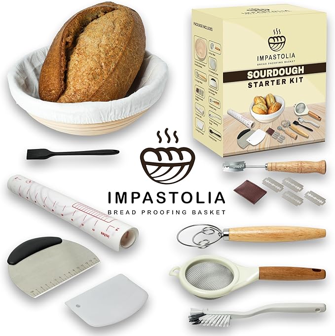 Sourdough Starter Kit With 9" Banneton Bread Proofing Basket Complete Sourdough Bread Baking Supplies with All Bread Making Tools Flour Sifter Dough Scraper Bread Lame Whisk PastryMat Sour dough tool