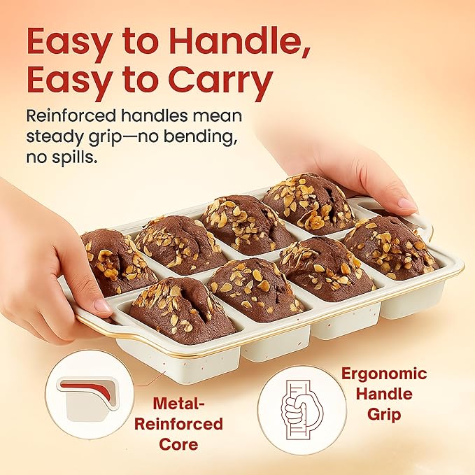 2-Pack Silicone Mini Loaf Pan Set – 8-Cavity Nonstick Baking Molds with Metal-Reinforced Handles – BPA-Free, Odor-Resistant Silicone Pans for Mini Bread, Cakes & Meatloaf – Cream