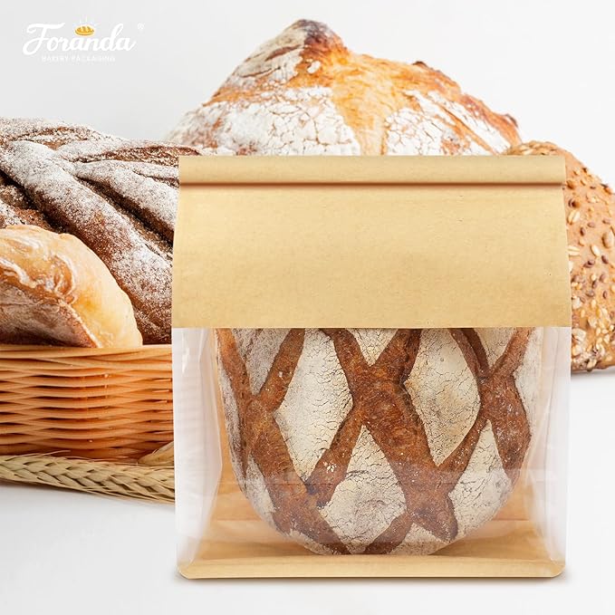 100 Pack Bread Bags with Tabs for Homemade Sourdough Bread, 8.7x4.3x11 Inches Tin Tie Tab Lock Large Paper Bakery Packaging Bags with Window for Gifting & Bake Sale