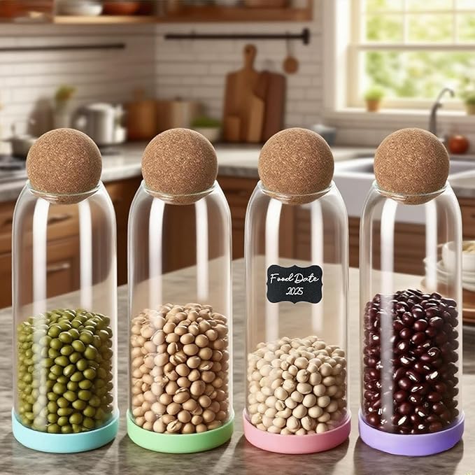 4 pcs 34oz/1000ML Glass Storage Container with Ball Cork Glass Jars with Cork Lids Glass Food Storage Containers with Ball Stopper Coffee Canister for Beans,Nuts,Oats,Spices,Candies,Biscuits