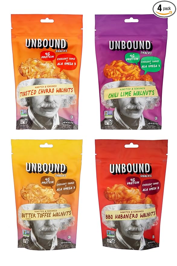 Unbound Snacks Flavored Nuts - Variety Walnuts Sampler, 4 oz (Pack of 4) - Healthy Snacks, 4g Protein, High in Omega 3, Gluten Free, Vegan - Freshly Roasted & Seasoned Gourmet Walnut Halves