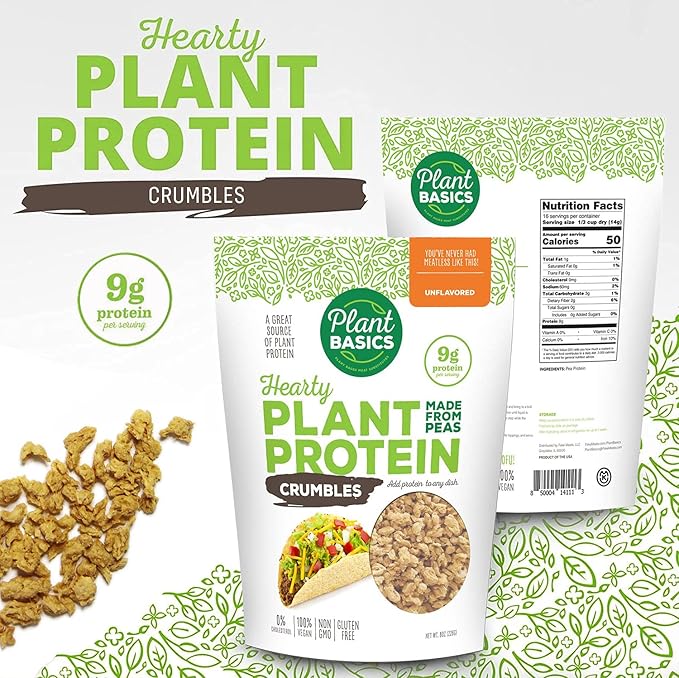 Plant Basics - Hearty Plant Protein - Unflavored Crumbles, 8 oz (Pack of 6), Made from Peas, Non-GMO, Gluten Free, Low Fat, Low Sodium, Vegan, Meat Substitute