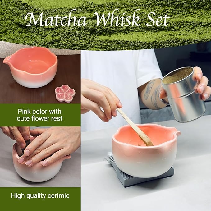 Matcha Whisk Set, 10 Pcs Large Set, Matcha Bowl with Whisk Holder and Spoon Rest All In One Bag, Sakura pink and Matcha Green, Perfect for Enthusiasts, Gift-giving, Christmas Gift