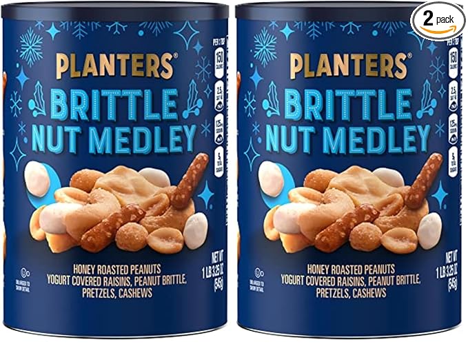 PLANTERS Winter Edition Brittle Nut Medley Trail Mix Snack with Honey Peanuts, Yogurt Raisins, Peanut Brittle, Pretzels & Cashews, 1 lb, Canister (Pack of 2)