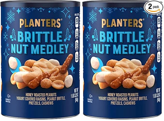 PLANTERS Winter Edition Brittle Nut Medley Trail Mix Snack with Honey Peanuts, Yogurt Raisins, Peanut Brittle, Pretzels & Cashews, 1 lb, Canister (Pack of 2)