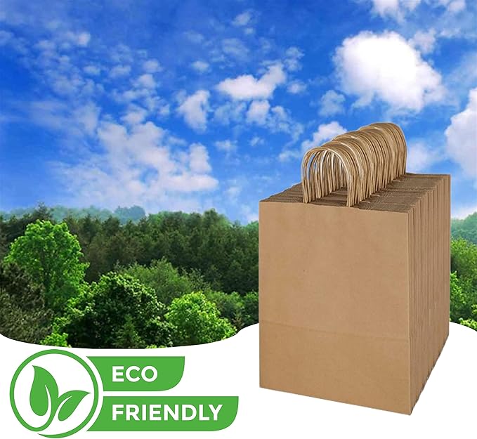 Mr Miracle Premium 10x5x13 Paper Bags with Handles - Pack of 100, Kraft Paper Bags Ideal for Shopping, Wedding, Business, Retail, Craft, Gifts & More - Durable, 100% Recyclable Brown Quality Bags
