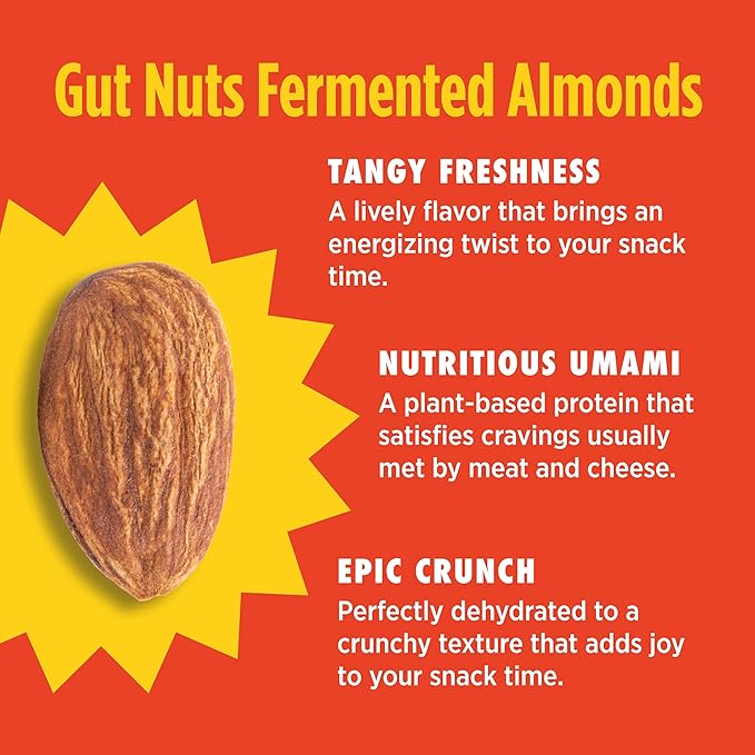 Gut Nuts - Fermented and Sprouted "Sourdough" Almonds for Gut Health - Tangy, Umami, & Salty Flavors - Super Crunchy Low Carb Keto Snacks - Low Sugar Prebiotic & Postbiotic Almond Snacks - 3oz Pouch (6 Pack) - by Philosopher Foods