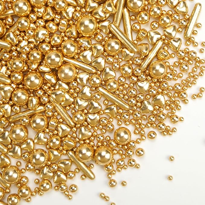 Edible Gold Pearl Heart Rods Sprinkles, Mix Size, Gold Pearl Sprinkles for Cake Decorating, Cupcake Topper Decorations, Wedding Party Christmas Supplies, 130g/4.58oz