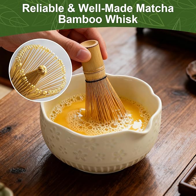Matcha Set, 9 Pcs Ceramic Matcha Set Includes Bowl, Whisk and Holder, Bamboo Scoop, Scoop Rest, Sifter and Tea Towel ect- Complete Kit for Traditional Matcha, Modern Lattes (Milky White)