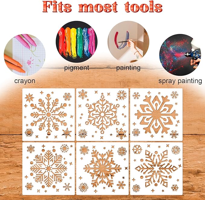 6 Pack Christmas Snowflake Stencils for Crafts, 8 Inch Reusable Snowflake Drawing Painting on Wood, Winter Holiday Snow Flake Stencils Template for Christmas Xmas Window Wall Home Decor