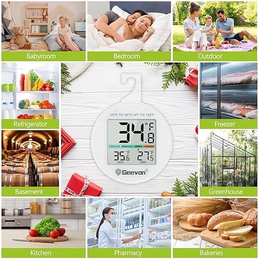 Geevon Small Digital Refrigerator Thermometer 2 Pack, IP65 Waterproof Commercial and Home Use, Max/Min Record Function with LCD Screen, Stand and Magnetic Back, for Fridge, Freezer Scenarios