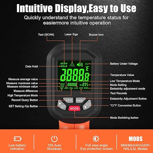 50:1-58°F ~3272°F FKM Infrared Thermometer High Temperature Gun,Non Contact Digital IR Temp Gun,High Precision Laser Thermometer Gun for Cooking,Kilns,Forges,Engine,HVAC,Industrial and Home Repair