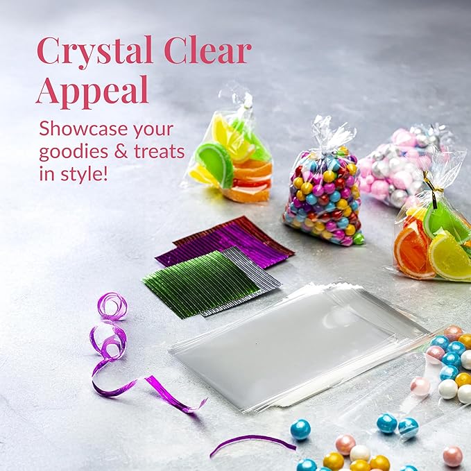 Prestee 200 Pack Clear Plastic Cellophane Bags Goodie Bags [4x6] with 4" Twist Ties, Candy Bags, Cookie Bags, Treat Bags with Ties, Clear Gift Bags, Cellophane Treat Bags (Pack of 200)