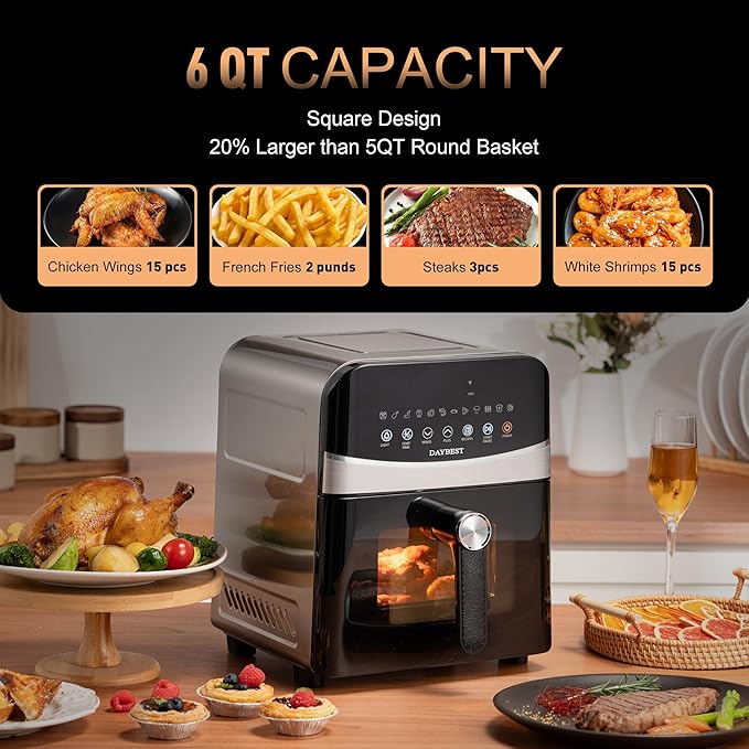 6QT Air Fryer, 2-3 Servings, 12-in-1 Dual Heats Stainless Steel & Full Metal Housing, Deep Basket with PFAS & PTFE-Free Premium Ceramic Coating, 1700W, DAYBEST Dishwasher Safe Kits (Stainless Steel)