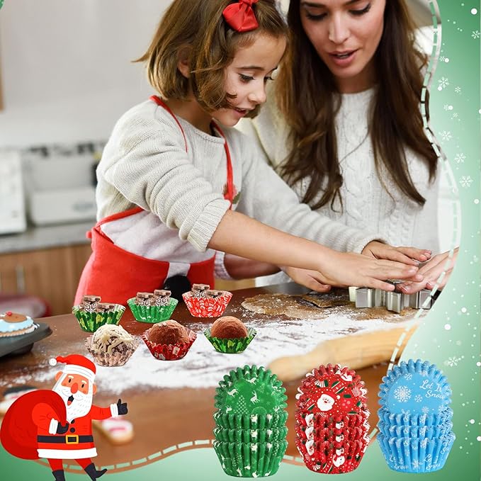 AUGSUN 800pcs Christmas Cupcake Liners Paper Candy Cups Santa Claus Snowman Snowflake Mini Muffin Liners for Xmas Holiday Party Cake Candy Truffles Chocolate Making Supplies（8 Designs）