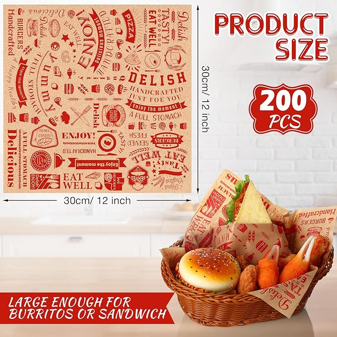 Marspark 200 Pcs Deli Wax Paper Sheets 12 x 12 Inches Square Grease Resistant Tray Basket Liners Hot Dog Wrappers Newsprint Water and Grease Proof Sandwich Wrapping Paper for Food Baking (Brown Red)