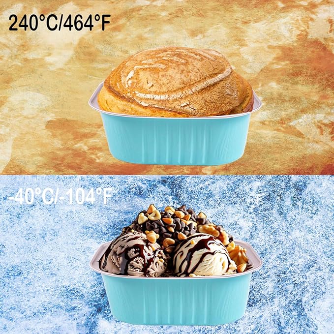 10oz Mini Cake Pans With Lids 50 Pack Aluminum Foil Square Brownie Baking Cups,4”x4” Disposable Loaf Pans With Lids and Spoons Stickers,Large Cupcake Pans Muffin Cake Tins Cake Container(Blue)