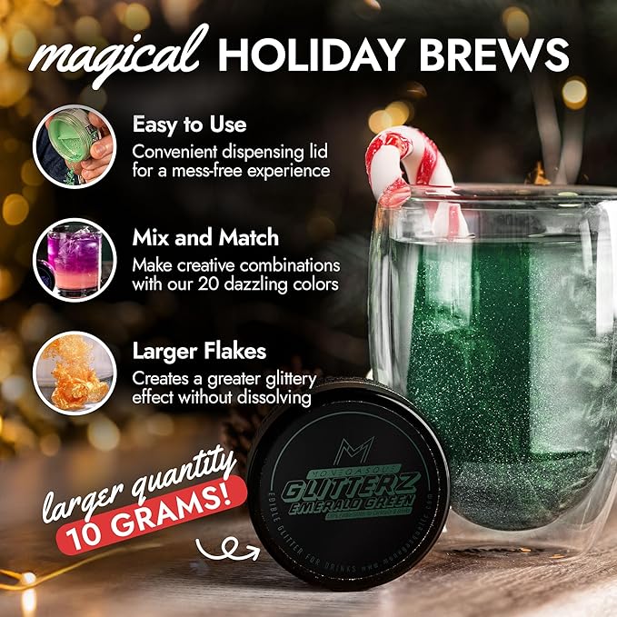 MONÉGASQUE Emerald Green Edible Glitter for Drinks 10g – Christmas Sprinkles Green Edible Glitter for Cakes & Cocktails – Food Coloring Spray for Cake Decorations – Cocktail Drink Shimmer Powder