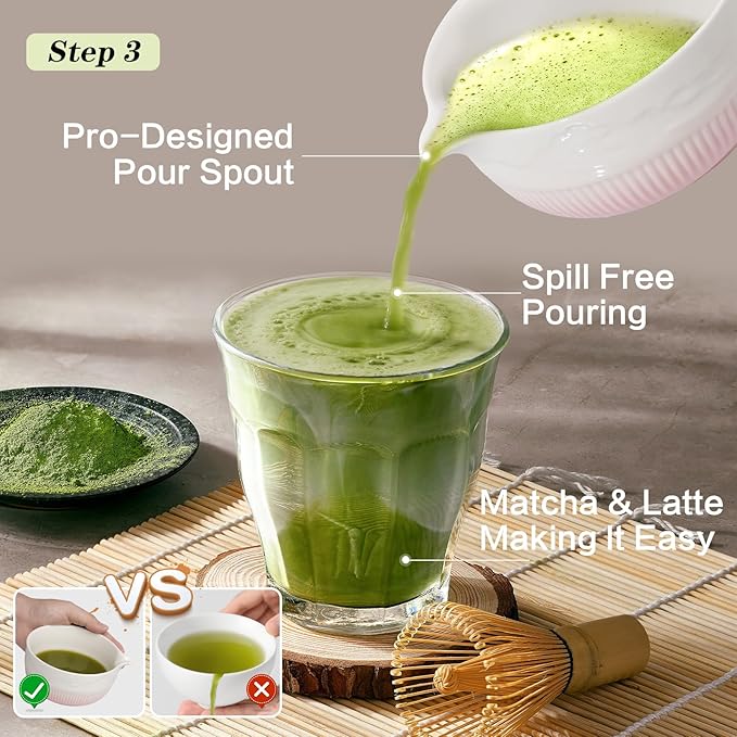Matcha Whisk Set, 7 Pcs Ceramic Matcha Set, Includes Matcha Bowl, Matcha Whisk, Chasen Holder, Bamboo Scoop, Scoop Rest, Stainless Sifter, Tea Towel, Matcha Kit for Matcha Tea Ceremony