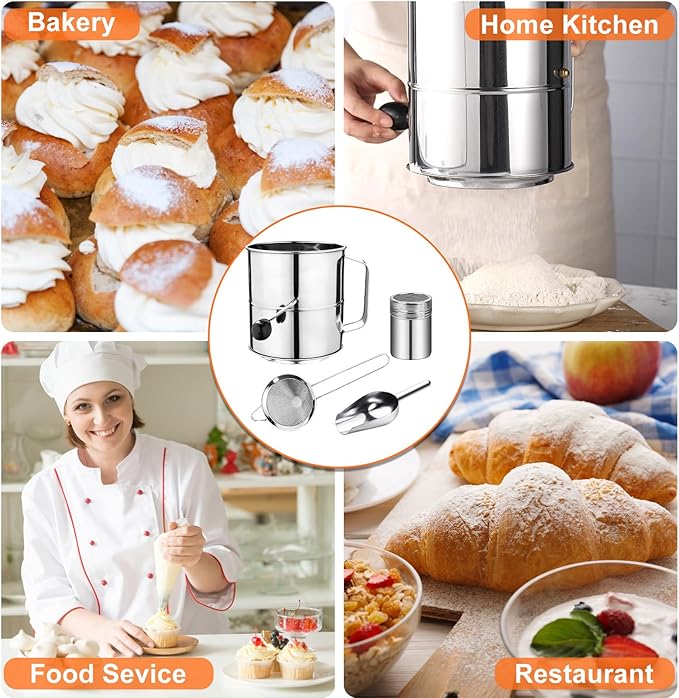 Flour Sifter, 8 Cup Stainless Steel Flour Sifters, 4 in 1 Baking Sifter Set with Powder Sugar Shaker Duster, Strainers Fine Mesh and Metal Scoop for Baking Cake, Pastries, Pies, Cupcakes, Desserts