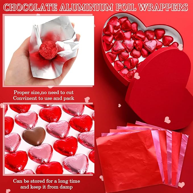 400 Sheets Christmas Foil Chocolate Candy Wrappers Aluminum Tin Foil Wrapping Paper for Packaging Decoration Red Green Wrappers DIY Baking Homemade Food Party Favors 6 x 6 Inches(Red, Pink)