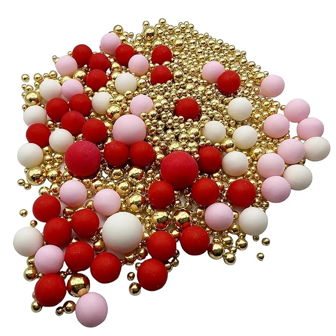 SE Si&Moos Red White and Pink Pearl Sprinkles Valentine Cupcake Sprinkles Edible Red and Gold Pearls for Cake Decorating Pink and White Pearls for Cakes Edible Pearl Cake Decorations Baby Shower Valentine Party Holiday Christmas Supplies 3 OZ