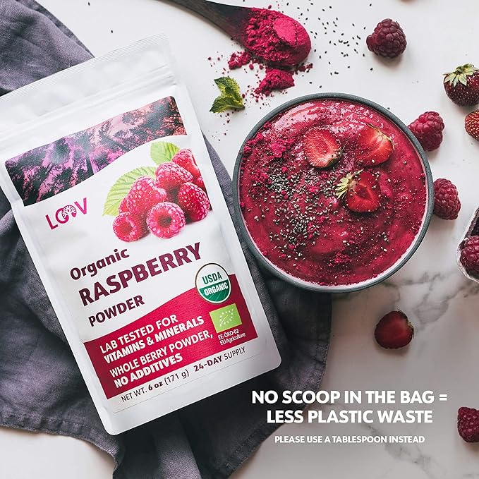 Organic Freeze-Dried Raspberry Powder – 100% Natural Whole Fruit, Certified Organic Red Raspberries – Perfect for Smoothies, Shakes & Baking – Non-GMO, No Added Sugar – 6oz (33 Servings)