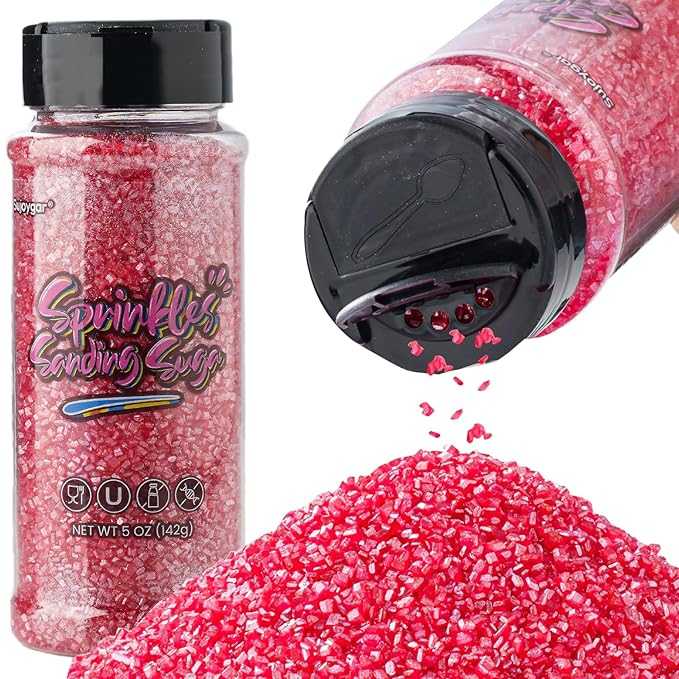 Sujoygar Red Saning Sugar Sprinkles, 5oz Edible Ruby Red Sugar Crystals for Cocktails, Cake Sprinkles for Chocolate Ice Cream Toppings Cupcake Decoration Wedding Party Cookies Baking Dessert Food Supplies