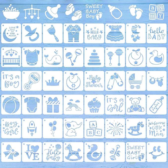 Augshy 56 Pieces Baby Shower Stencils for Painting, 3 Inch Cute Onesie Stencil Mixed Animals Pattern Painting Stencils, Reusable Baby Shower Cake for Bodysuit Shoes Bibs Clothes