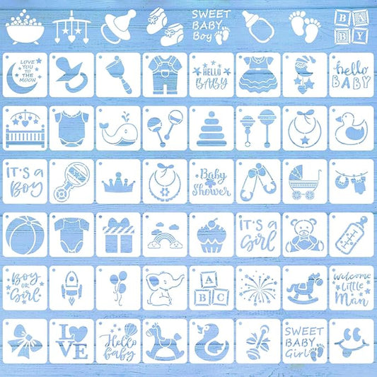 Augshy 56 Pieces Baby Shower Stencils for Painting, 3 Inch Cute Onesie Stencil Mixed Animals Pattern Painting Stencils, Reusable Baby Shower Cake for Bodysuit Shoes Bibs Clothes