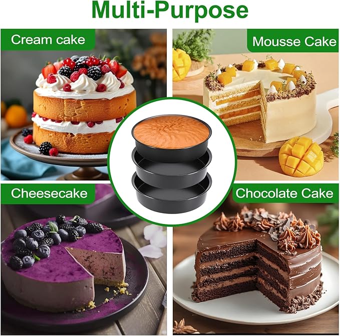 8 Inch Cake Pan, Premium Round Cake Pans Set of 3, Durable Circle Cake Pan with 100 Pieces Parchment Paper, Non-Toxic & Healthy Deep Cake Baking Pans Tins for Birthday Christmas, Dishwasher Safe