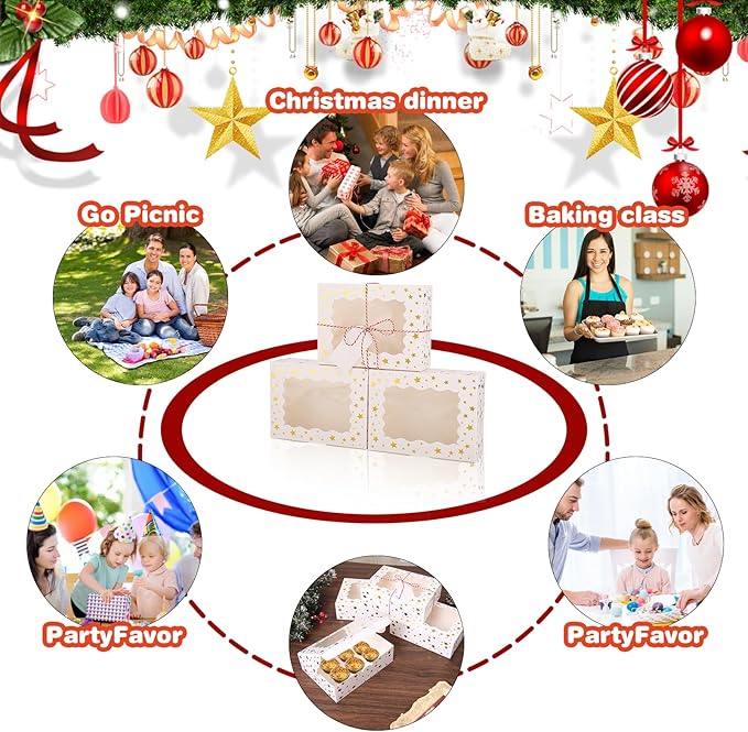 BEVOING 36 Pcs 8x6x2.5 Inches Christmas Cookie Boxes, White Bakery Boxes with Window Gold Foil Star 8 Inch Treat Boxes Pastry Pie Boxes for Chocolate Strawberries, Donuts, Cupcakes, Muffins and Dessert