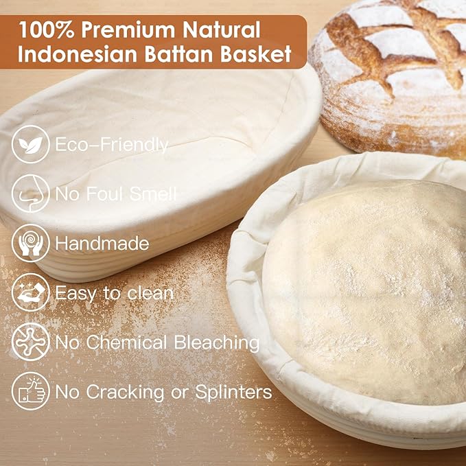 Soudough bread baking supplies, Upoomart Banneton Bread Proofing Basket Set of 2, 9 Inch Round & 10 Oval Cane, 34oz Sourdough Starter Jar Kit, Dough Scraper Linen Liner