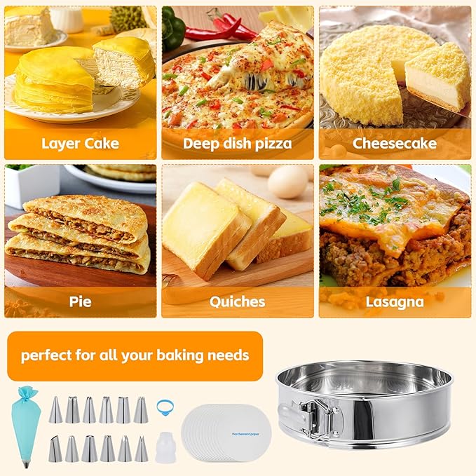 Aufind Springform Pan Set for Baking (7,9,10inches), 304 Stainless Steel Springform Cake Pan with Removable Bottom, Cheesecake Pan with 50PCS Parchment Paper for Pie Cake Pizza and Quiches