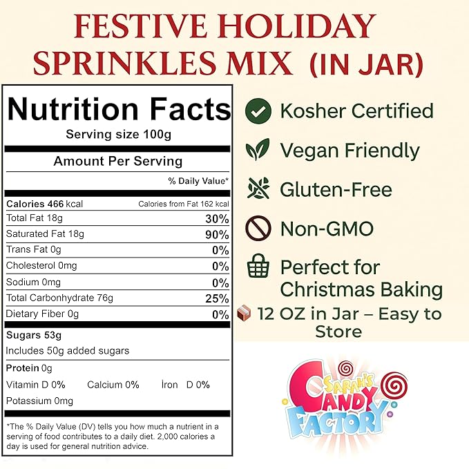 Christmas Holiday Sprinkles Jar - Kosher, 12 OZ in Jar - Holiday Jimmies - Red White and Green Xmas Baking Toppings for Cookies, Cakes, Cupcakes