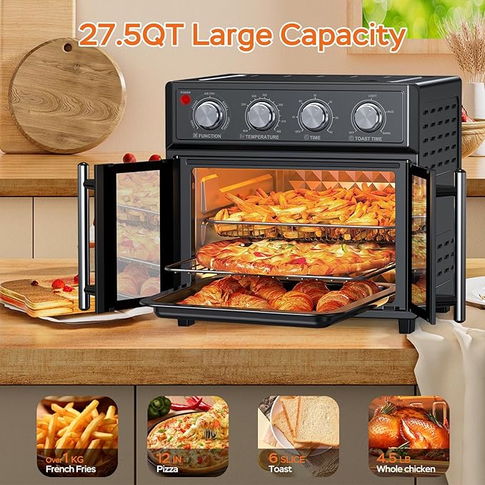 PlumChef 27.5 Quart Extra Large 6 Slices Air Fryer Convection Toaster Oven, French Door, 1700W, Multifunction Oven for Air Fryer, Toast, Grill, Defrost, Bake, Time and Temperature Controls, Black