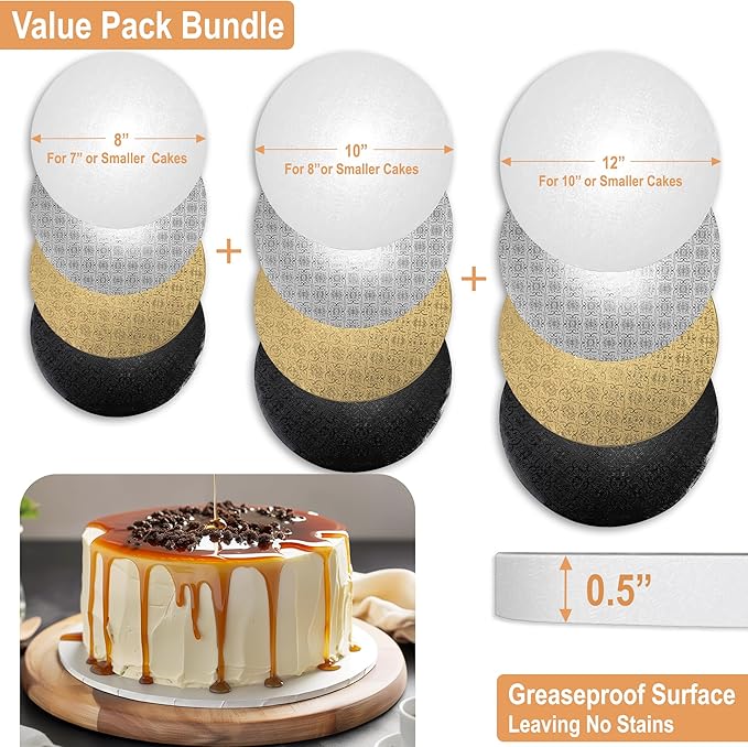 BOARDS+ 12 Pack Cake Drums 8, 10 & 12 Inch in White, Black, Silver & Gold Color | 1/2" Thick CakeBoard Circle Rounds + Free Prop Up Tools | Fully Greaseproof, Sturdy for Heavy/Tiered Cakes