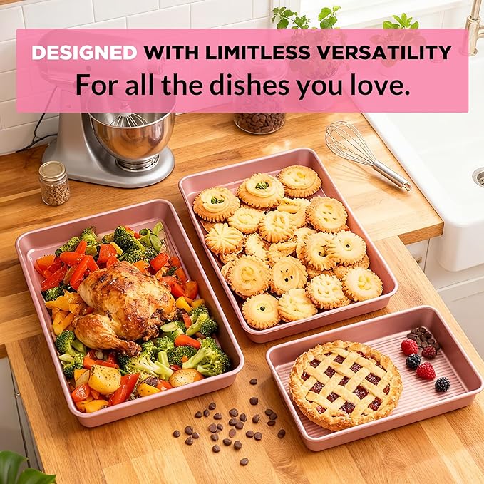 Saker nonstick baking sheet pan set,EvenHeat Baking Sheets Set of 2, Non-Stick Cookie Pan for Perfect Baking Results, Oven Safe Carbon Steel Bakeware (Pink)