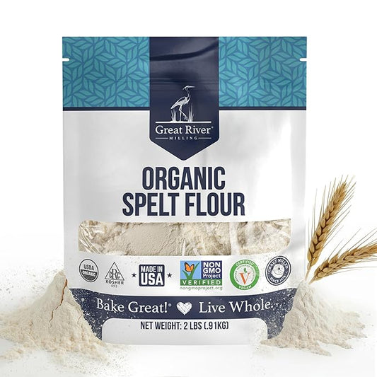 Great River Organic Milling Organic Spelt Flour | Whole Grain Ancient Wheat Flour | USDA Organic, Non-GMO, Kosher | High Fiber, Mild Flavor | Ideal for Baking Breads, Muffins, Cookies & More | 2 Lb