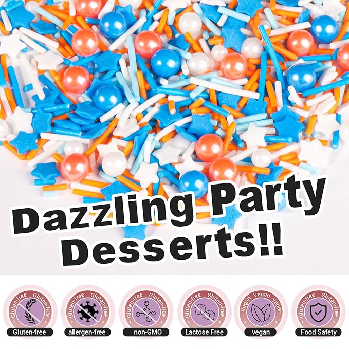 HUEBEATY 6-in-1 Sprinkles for Cake Decorating – 180g Blue and Orange Sprinkles Mix with Jimmies, Nonpareils, Stars, Pearls & Sugar Crystal – Edible Cakes, Cupcakes, Cookies & Ice Cream Topper Decorations for Birthday Parties