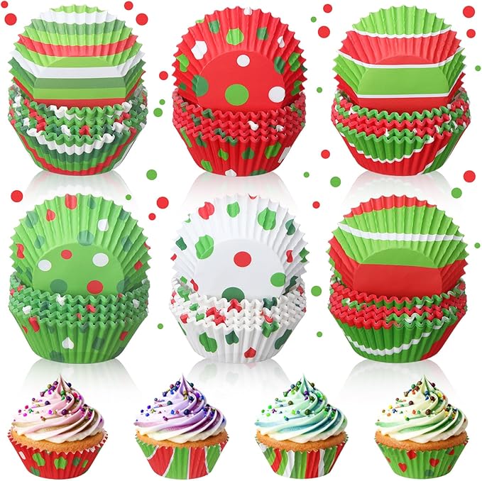 Vesici 600 Pcs Christmas Mini Cupcake Liners Red Green Candy Pattern Christmas Baking Supplies Mini Muffin Cupcake Wrappers for Xmas Holiday Birthday Party Cake Candy Chocolate Decorations Supplies