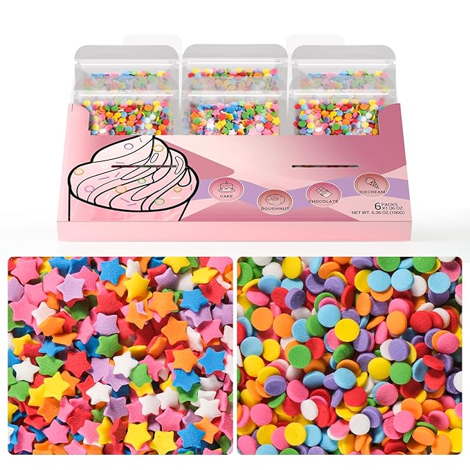 HUEBEATY 6-in-1 Neon Rainbow Confetti Sprinkles Bulk – 180g/6.35oz Star & Round Edible Sprinkles for Cake Decorating, Cupcakes, Cookies, Ice Cream & Desserts – Colorful Party, Easter & Birthday Cake Sprinkles and Topping Decorations