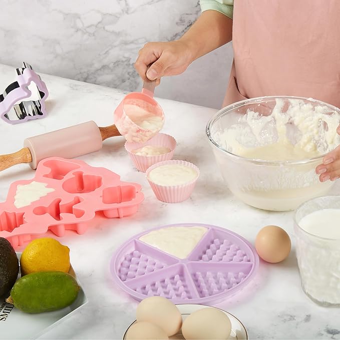Pulcher Kids Baking Sets Real Little Chef Kitchen Cooking Set Tools Kit Supplies, with Apron Utensils Rolling Pin Silicone Mat Cookie Cutters Measuring Cups Spoons Bamboo Carrying Basket(Pink Purple)