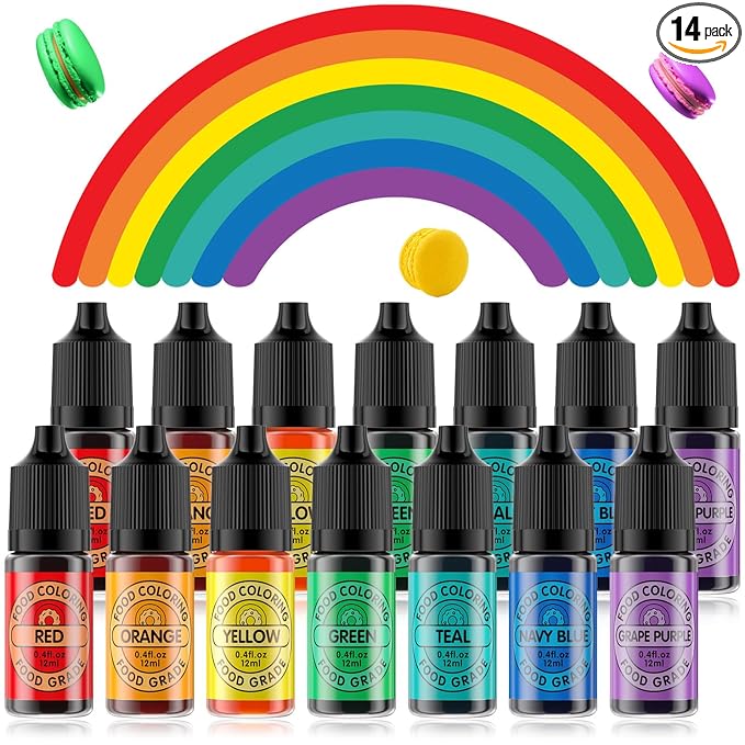Food Coloring Set for Cake Decorating Rainbow Edible Food Dye for Halloween Baking Royal Icing Cookie Supplies Gluten Free 14x12ml Food Grade Liquid Food Color Kit, 0.4 Fl. Oz/Bottles