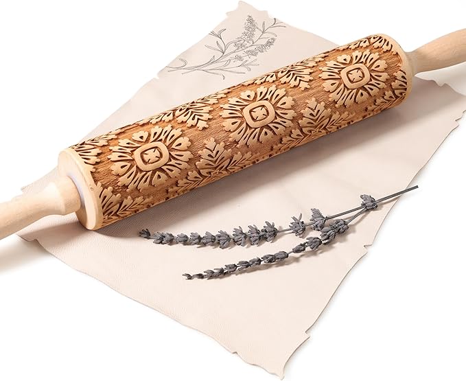 17" Premium Wooden Rolling Pins for Baking with European Embossed Designs | 3mm Deep Springerle Cookie Molds | Christmas Rolling Pin & Baking Gifts for Women | Includes 3-in-1 Cleaning Brush