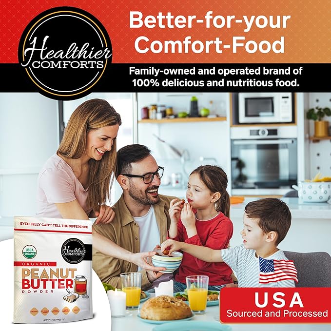 Healthier Comforts Organic Peanut Butter Powder | USA Grown and Processed | Gluten Free, Vegan, Kosher, Keto-Friendly | No Added Sugars, Low Sodium | Perfect For Protein Powder Shakes, Smoothies and Baking (21 oz)