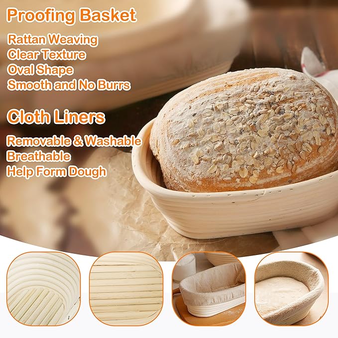 10 Inch Banneton Bread Proofing Basket, Oval Sourdough Proofing Basket with Cloth Liners & Dough Scrapers Set of 10,Bulk Rattan Banneton Sourdough Bowl Basket for Home Baker Supplies