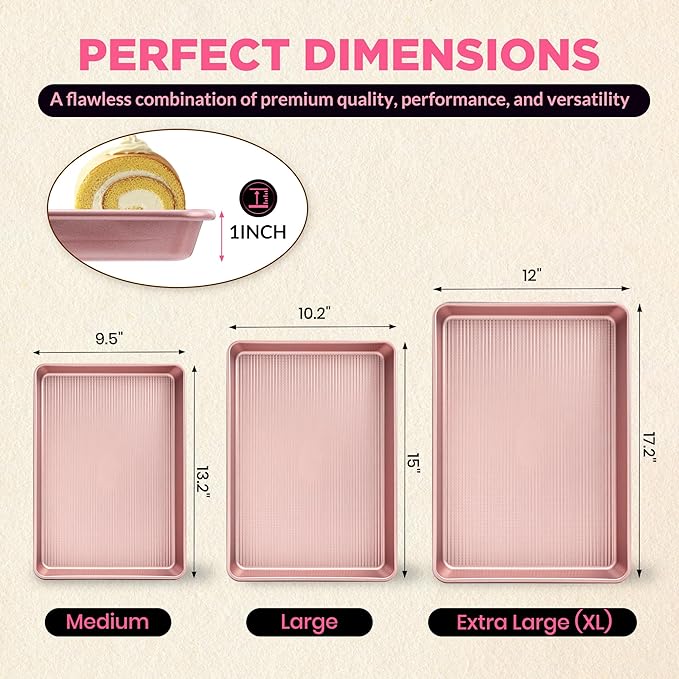 Saker nonstick baking sheet pan set,EvenHeat Baking Sheets Set of 2, Non-Stick Cookie Pan for Perfect Baking Results, Oven Safe Carbon Steel Bakeware (Pink)