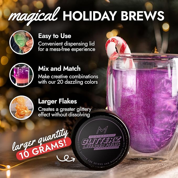 MONÉGASQUE Lavender Purple Edible Glitter for Drinks 10g – Edible Glitter for Cakes & Cocktails – Cocktail Drink Shimmer Flakes – Christmas Food Decorating Sprinkles & Cake Decorations Spray Dust